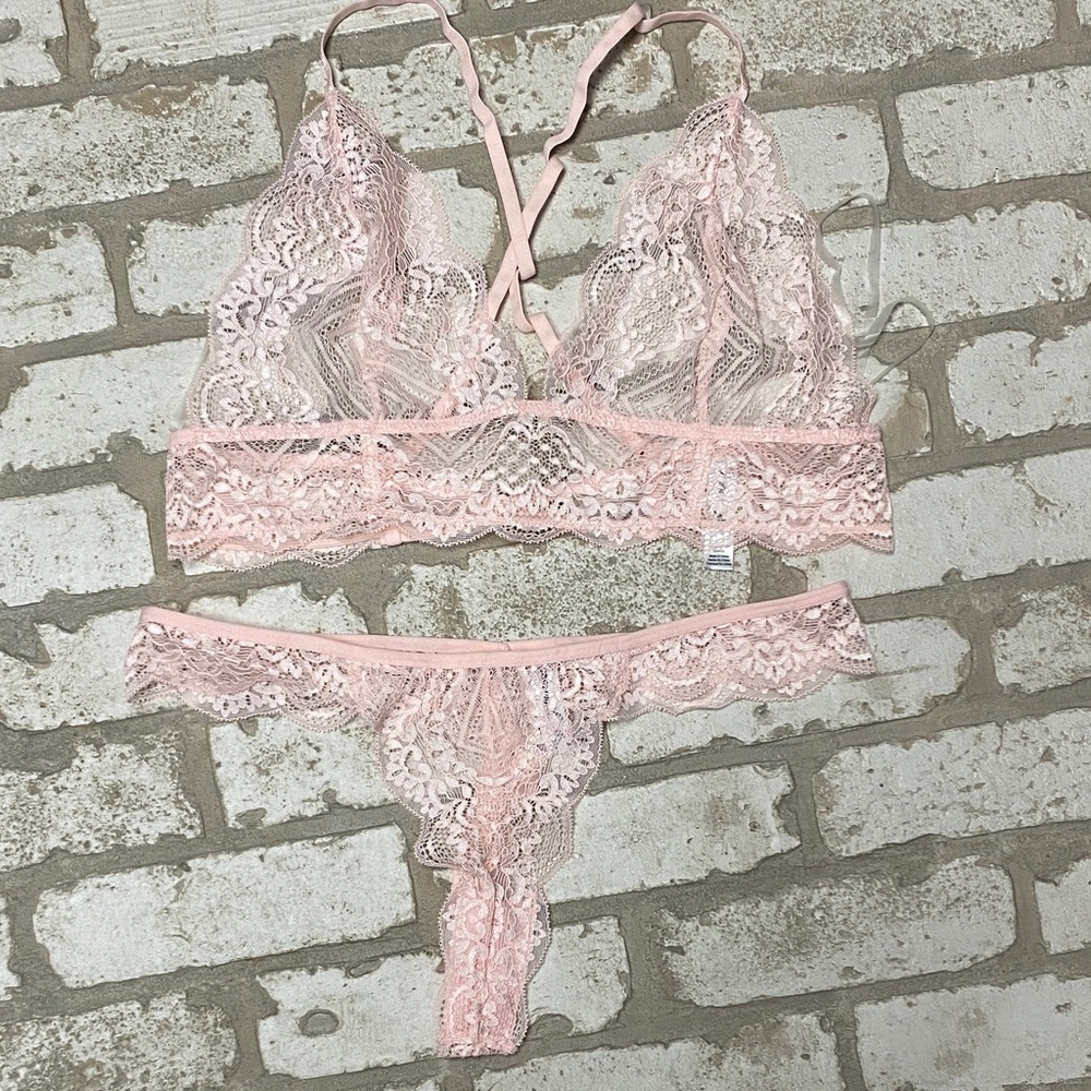 NWOT Dreamgirl Soft Light Pink Floral Lace Bra and Panty Lingerie Set XL